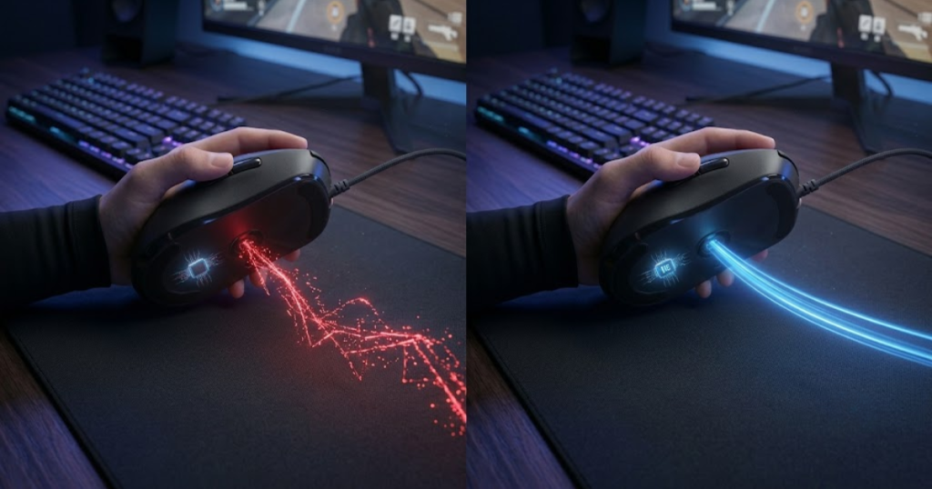 Comparison of two digital movement paths showing raw mouse tracking data and smoothed tracking data from a gaming mouse sensor.