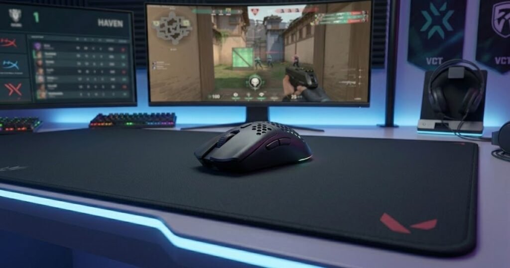 Lightweight wired gaming mouse displayed on a gaming mouse pad for FPS gaming