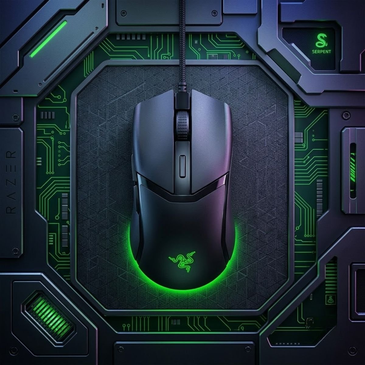 Black Razer Cobra wired gaming mouse displayed on a clean product background for FPS gaming.