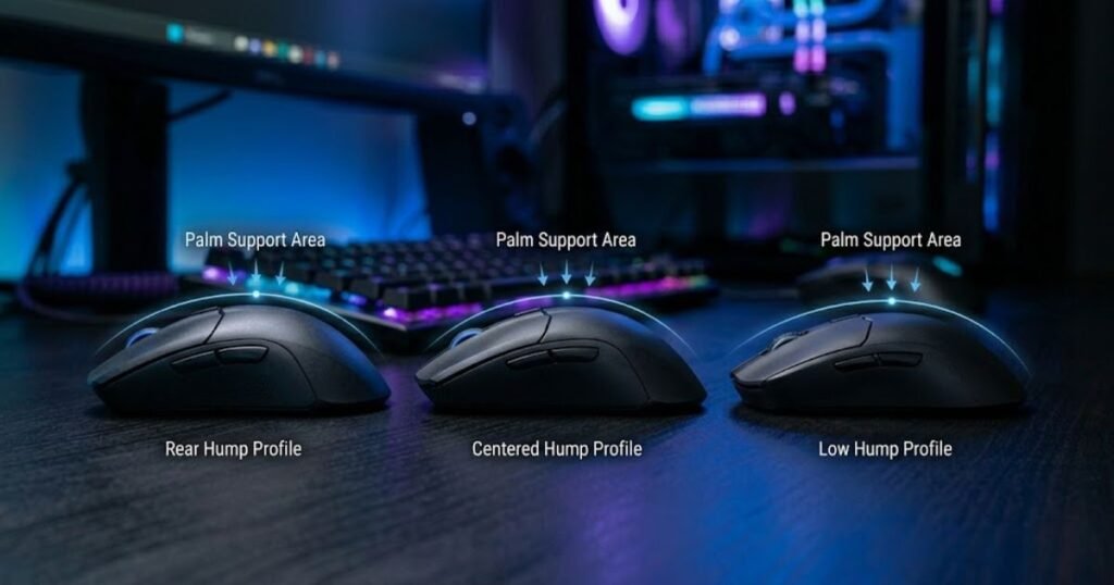 Three gaming mice with different hump profiles displayed side by side for claw grip comparison.