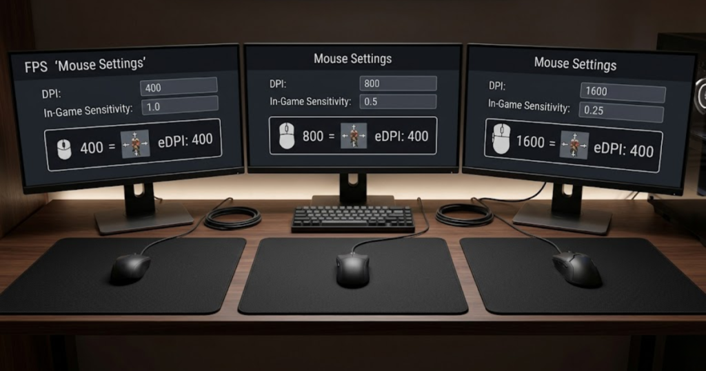 Three gaming mice with different sensitivity setups showing how different DPI and sensitivity values can produce the same eDPI.