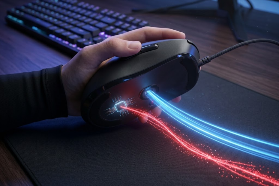 A gaming mouse on a mousepad displaying digital movement tracking lines that represent processed and raw sensor movement data.