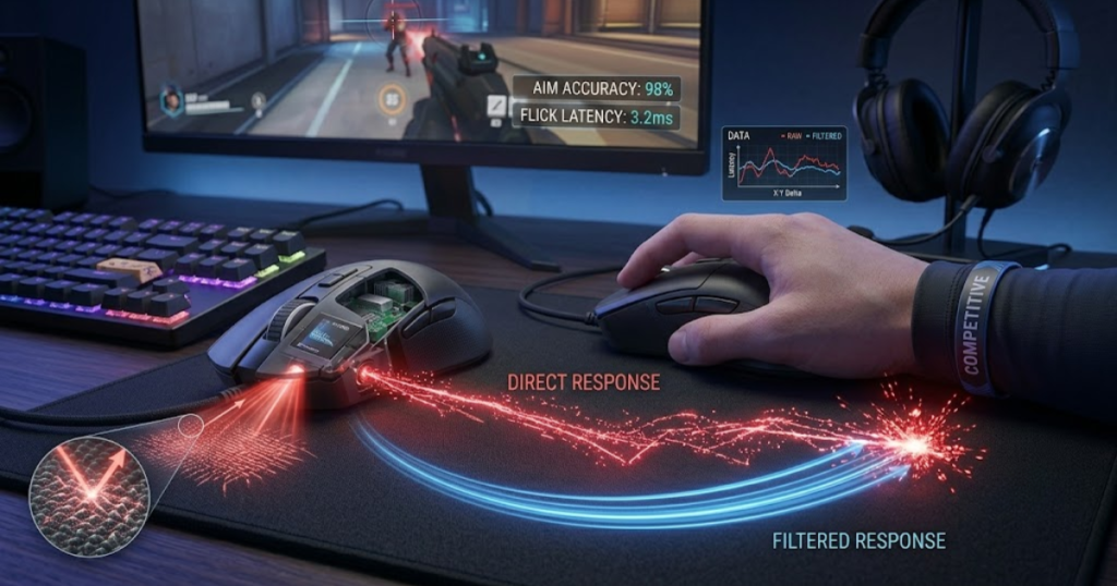 FPS player aiming at targets while digital movement trails illustrate processed mouse movement behavior.