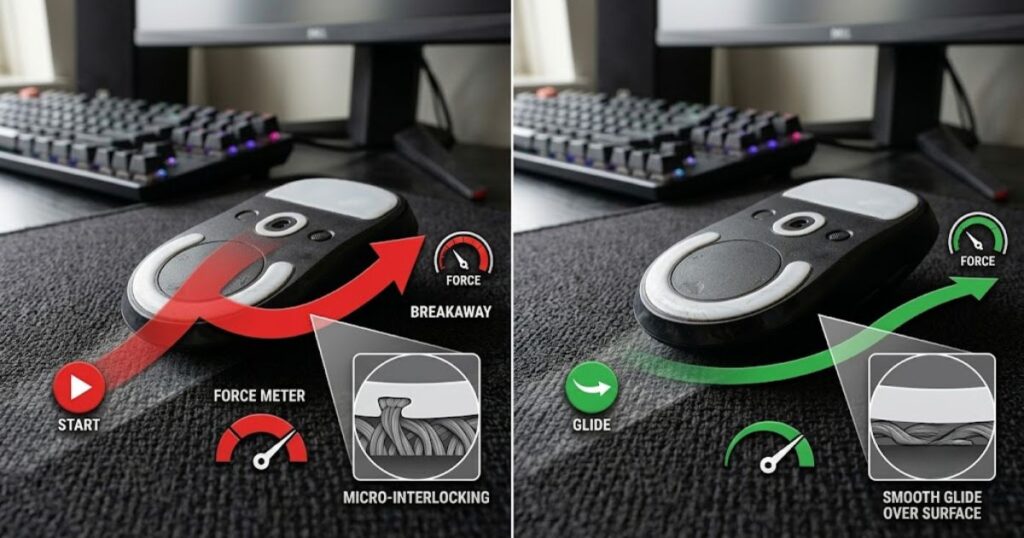 Comparison of a gaming mouse starting movement and continuing movement on a mouse pad