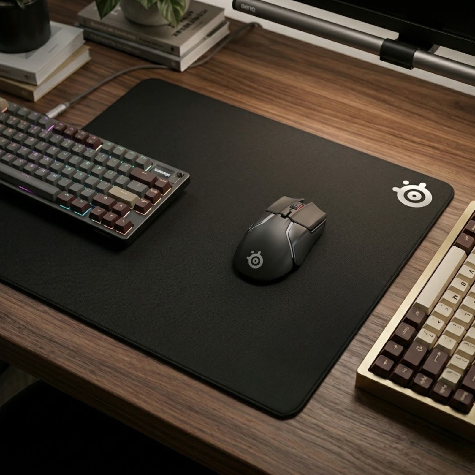 A large black SteelSeries QcK XXL gaming mouse pad covering most of a gaming desk with a keyboard and gaming mouse placed on top.