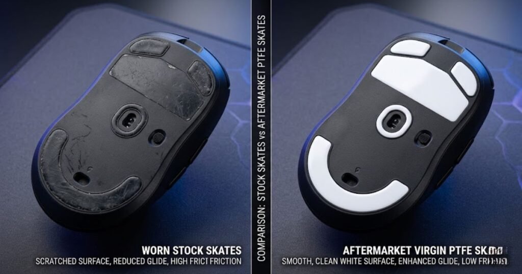 Comparison of worn stock gaming mouse skates and new aftermarket PTFE replacement skates.