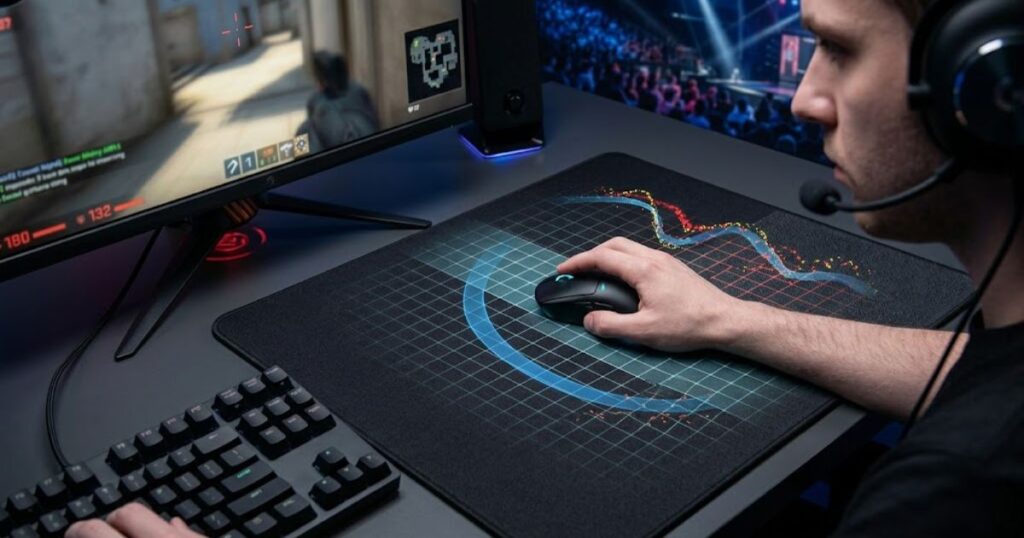 FPS player using a gaming mouse during a competitive match with visualized mouse movement paths