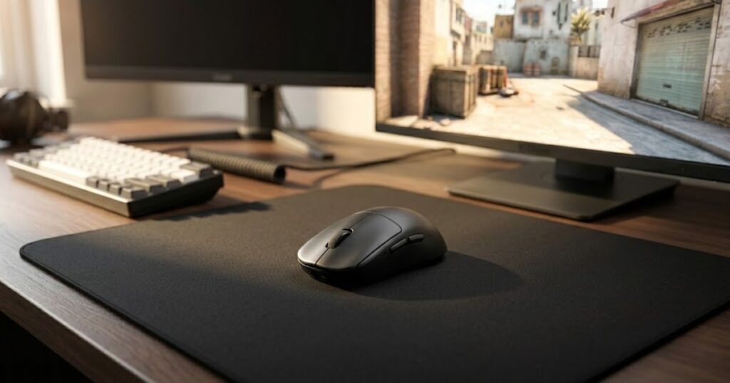 Lightweight symmetrical gaming mouse positioned on a large gaming mouse pad