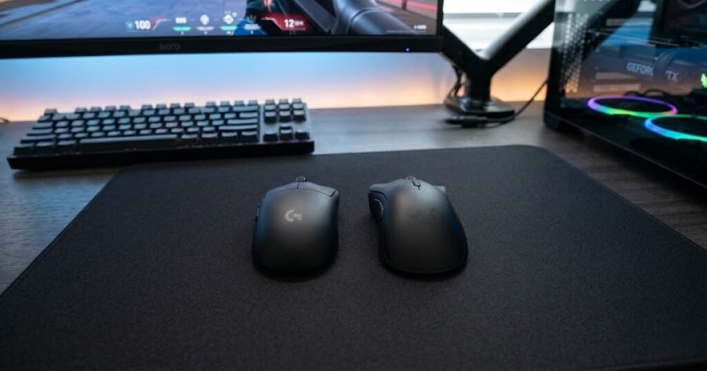 Two gaming mice viewed from above showing the difference between a symmetrical shell design and an ergonomic shell design on a gaming desk
