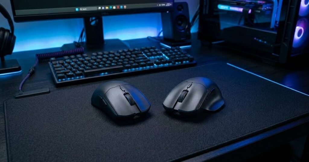 Comparison between a symmetrical gaming mouse and an ergonomic gaming mouse viewed from the top.