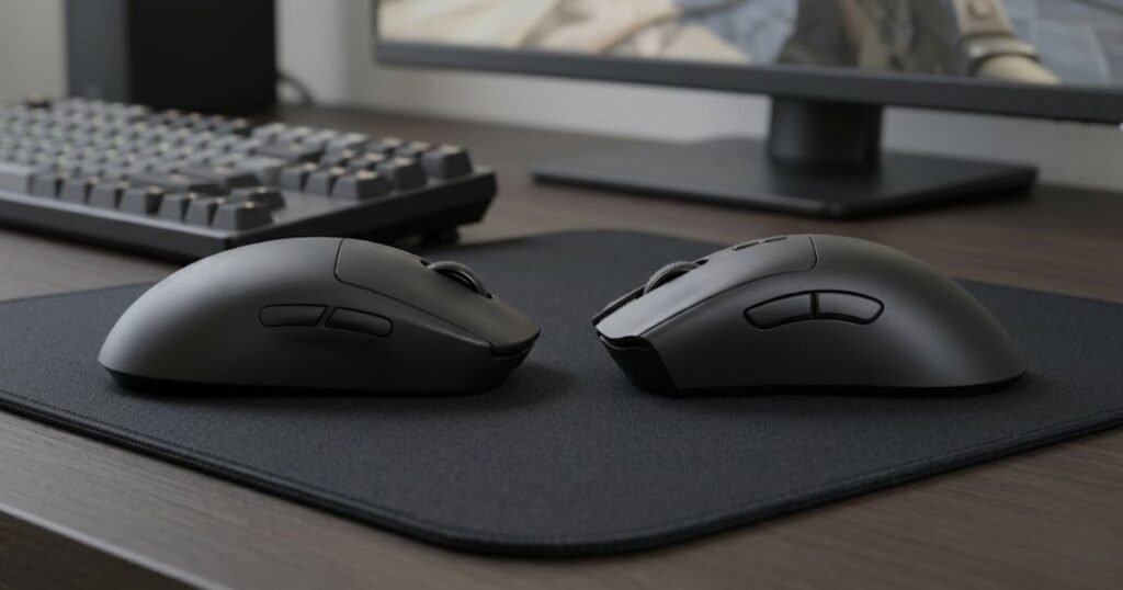 Side-by-side comparison of a symmetrical gaming mouse and an ergonomic gaming mouse on a mouse pad