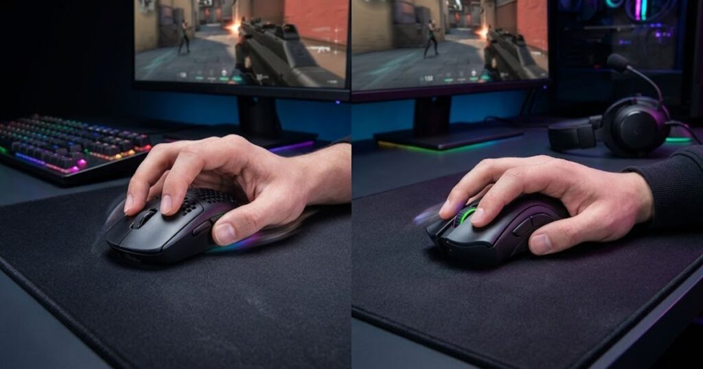 A symmetrical gaming mouse and an ergonomic gaming mouse displayed side by side on a gaming mouse pad.
