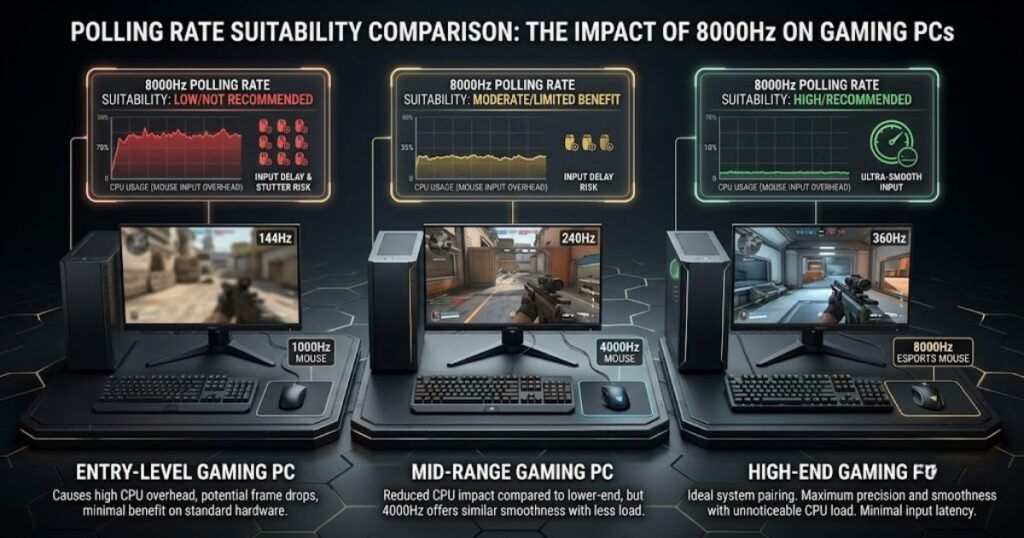 Three gaming PCs representing entry-level, mid-range, and high-end hardware with polling rate suitability indicators