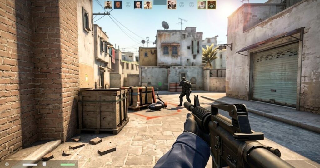 Player aiming at a corner in a tactical FPS game while holding a precise crosshair position