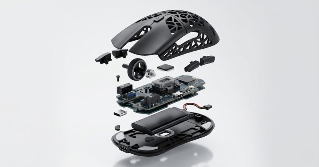 A lightweight gaming mouse shown with internal components including sensor, battery, switches, and shell structure.