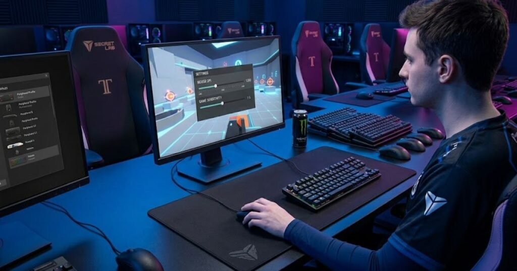 FPS player testing mouse sensitivity settings on an aim training map using a gaming mouse.