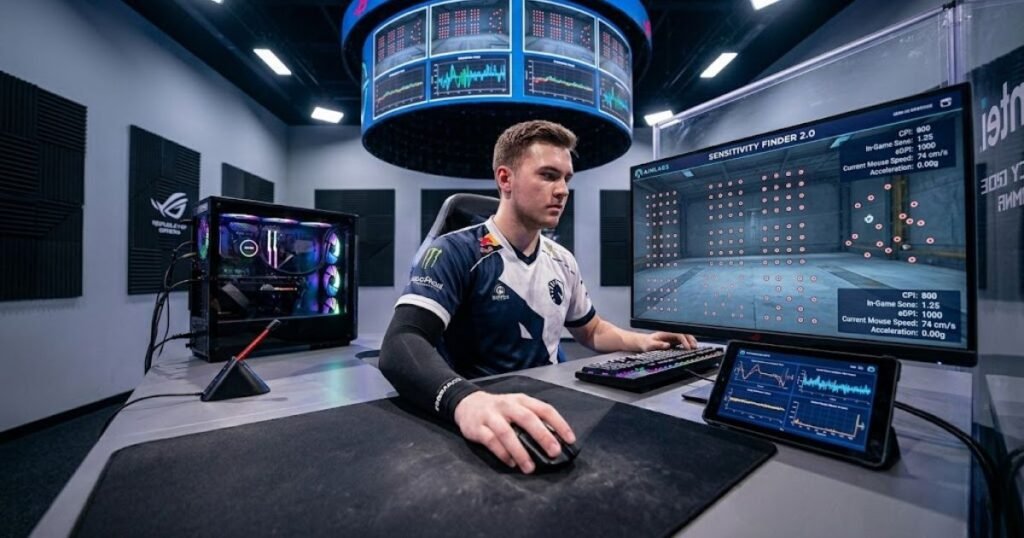 A player testing gaming mouse sensitivity settings while practicing aim training on a computer.