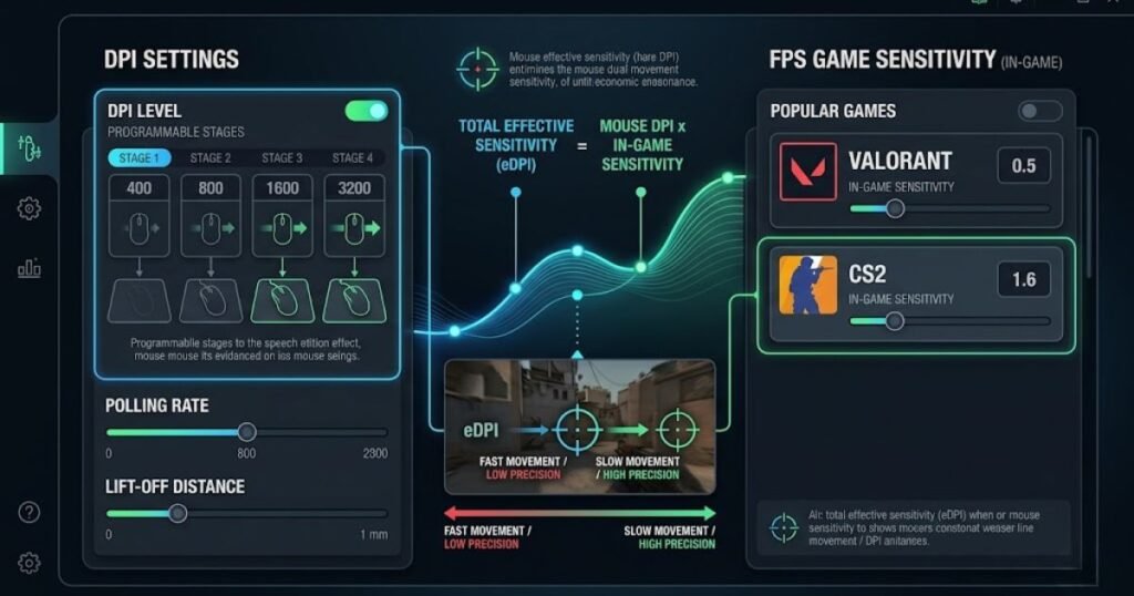 A gaming mouse software window showing DPI settings next to FPS game sensitivity settings