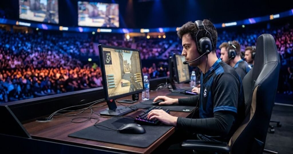 A professional esports player using a lightweight gaming mouse during a competitive FPS tournament.