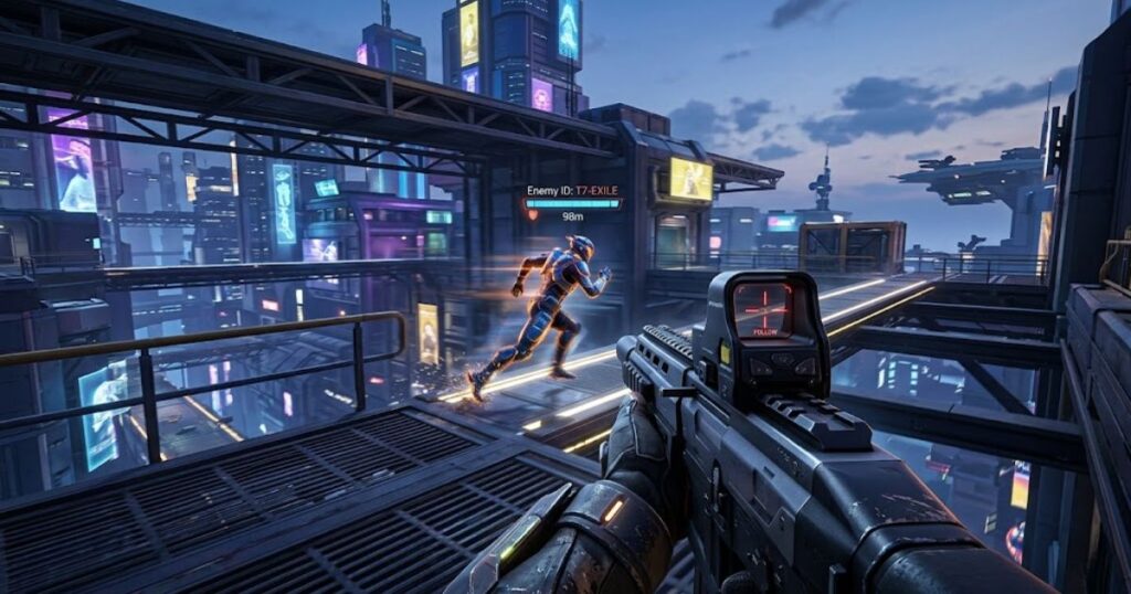 A player tracking a fast-moving opponent during an FPS game with rapid movement mechanics.