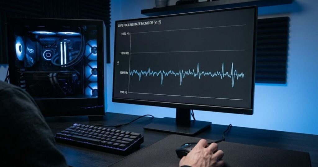 A monitor displays a polling rate graph with small fluctuations around the configured report rate.