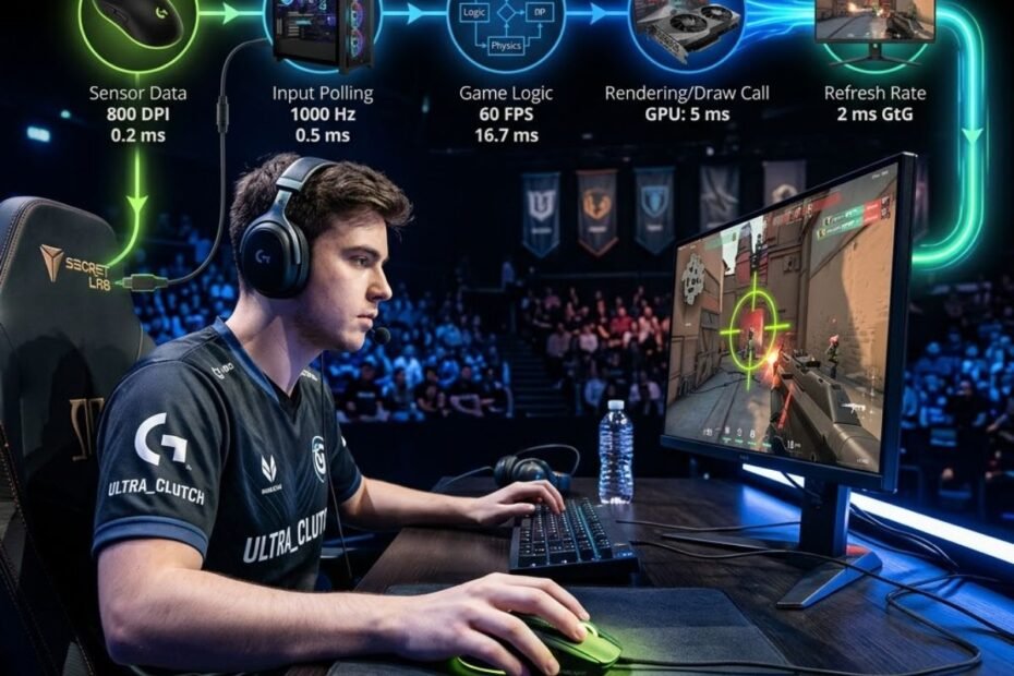 FPS gamer using a gaming mouse while a diagram shows multiple stages that can contribute to mouse latency between the mouse and monitor