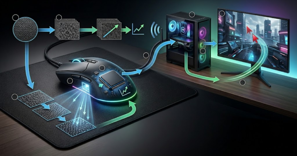 Gaming mouse tracking process showing image capture, movement calculation, and cursor response on a computer screen.