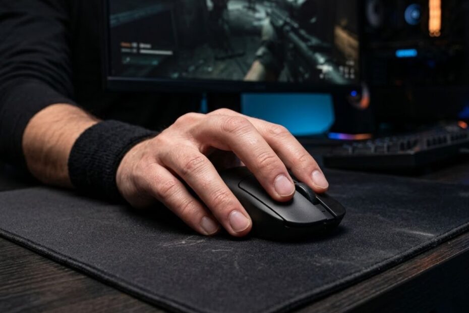 A gamer using a fingertip grip on a lightweight gaming mouse with the palm lifted above the mouse while playing an FPS game.