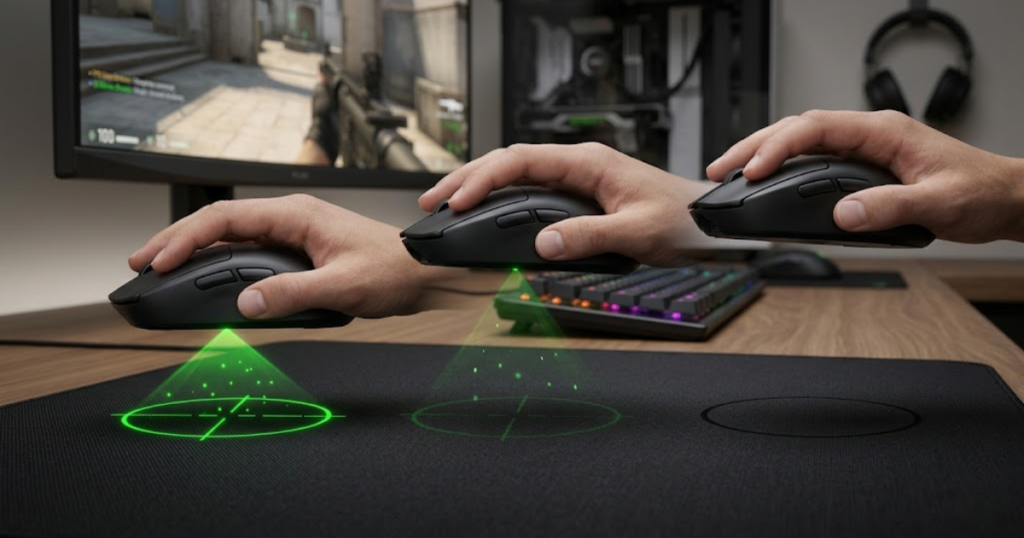 A gaming mouse lifted at different heights above a mouse pad showing active and inactive sensor tracking zones