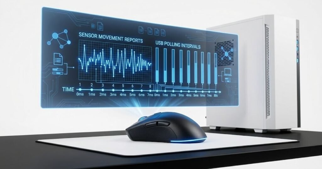 A gaming mouse connected to a PC with a diagram showing sensor movement reports being synchronized before reaching the computer.
