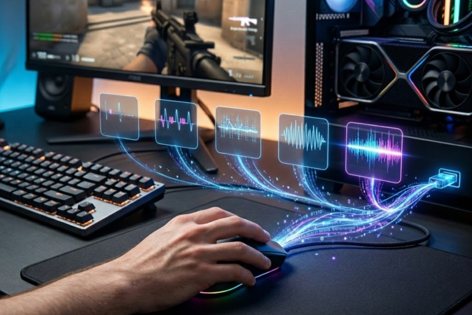 Gaming mouse connected to a computer showing polling rate values from 125Hz to 8000Hz with visual input reporting indicators