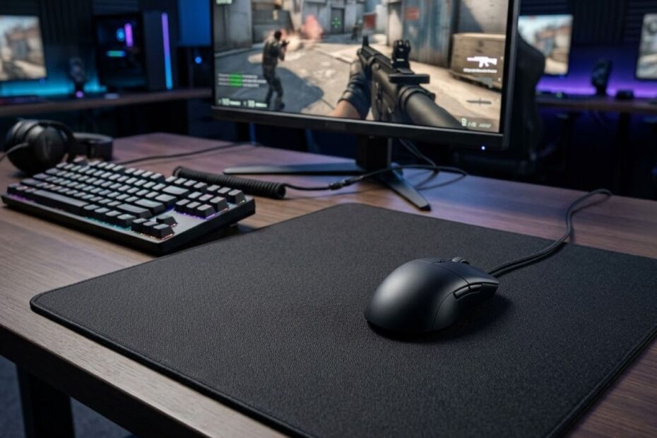 Large gaming mouse pad on a gaming desk with a gaming mouse and keyboard used for FPS games