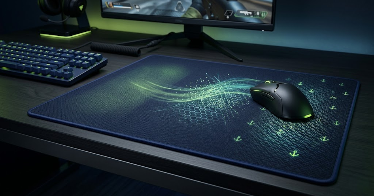 A gaming mouse moving across a large FPS mouse pad on a clean gaming desk, showing a consistent surface designed for accurate tracking and controlled movement.