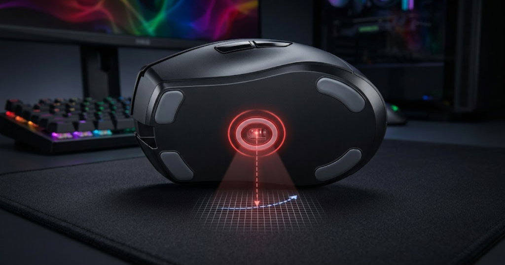 Bottom view of a gaming mouse showing the optical sensor area, mouse feet, and tracking light positioned over a gaming mousepad.
