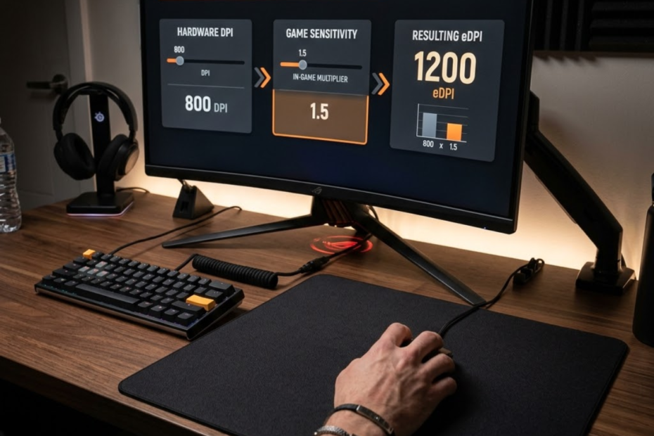 Gaming mouse on a desk beside an FPS sensitivity settings screen showing the concept of eDPI.