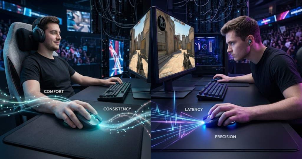 Two FPS players using gaming mice in different gaming environments representing casual and competitive play.
