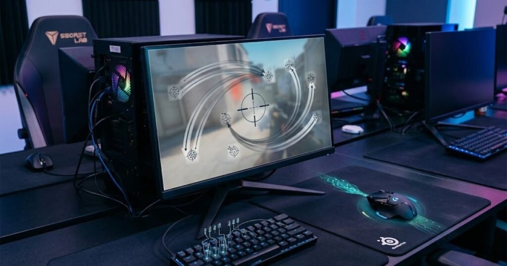 Gaming mouse and FPS crosshair graphic illustrating balanced control and speed at 800 DPI.
