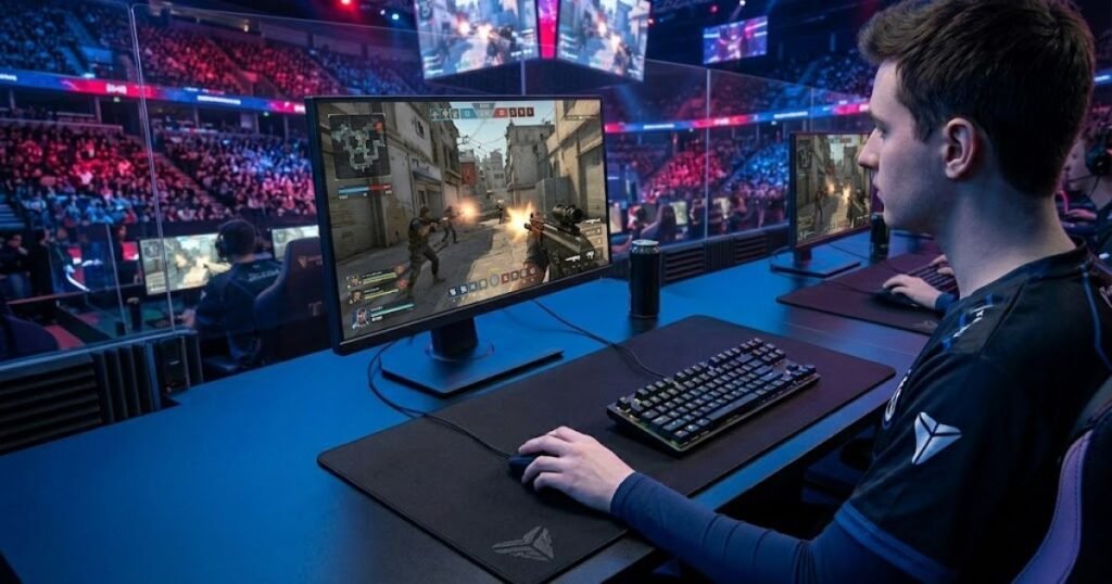 Professional esports player using a gaming mouse during a competitive FPS match.