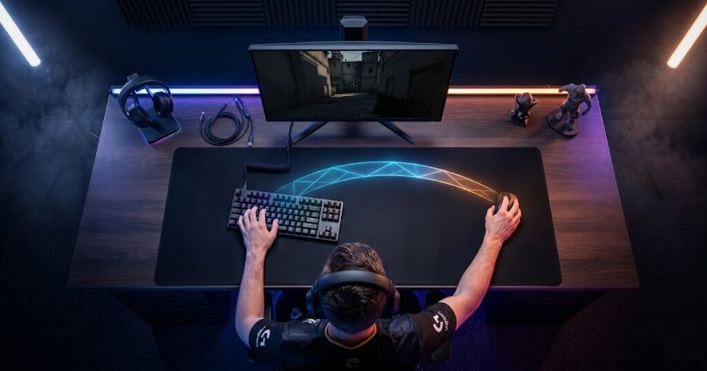 An FPS player moving a gaming mouse across a large mouse pad using arm aiming techniques.
