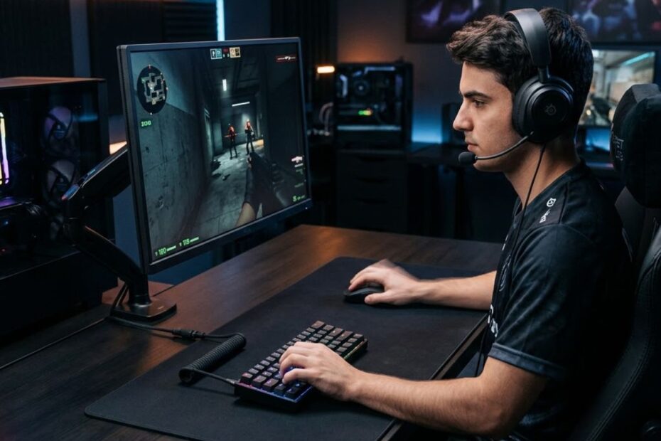 An FPS player using a large XL gaming mouse pad and a gaming mouse on a desk while aiming in a competitive first-person shooter game.