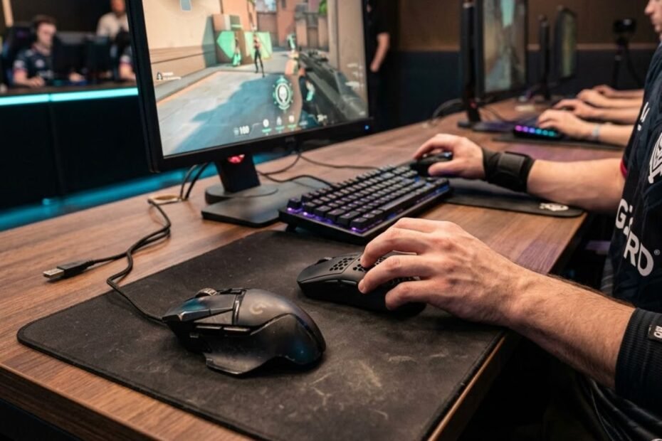 A heavy gaming mouse and a lightweight gaming mouse placed side by side on a gaming desk with a large mouse pad and FPS game displayed on a monitor.