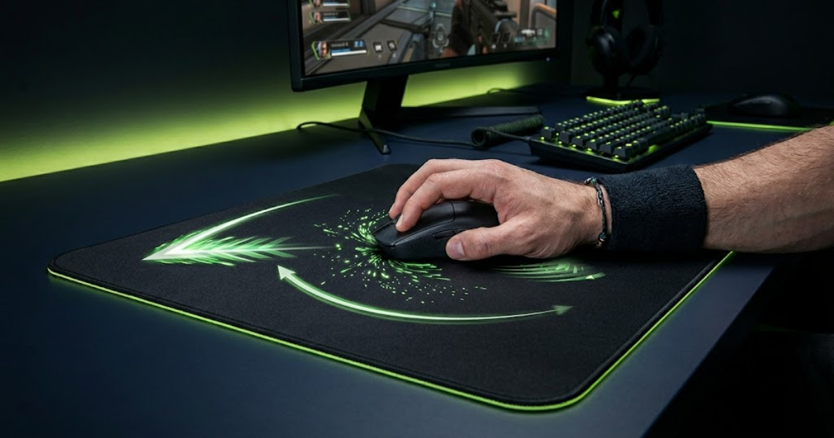A player moving a lightweight gaming mouse across a large black mouse pad, showing flick, tracking, and micro-adjustment movement paths on a clean gaming desk.