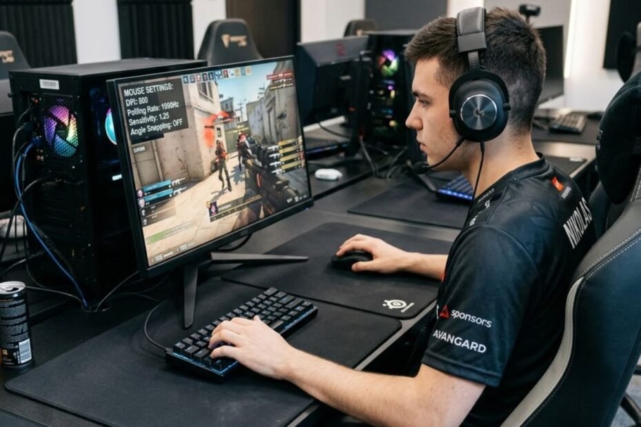 Professional FPS player using a gaming mouse on a large mouse pad with an 800 DPI setting displayed on a monitor.