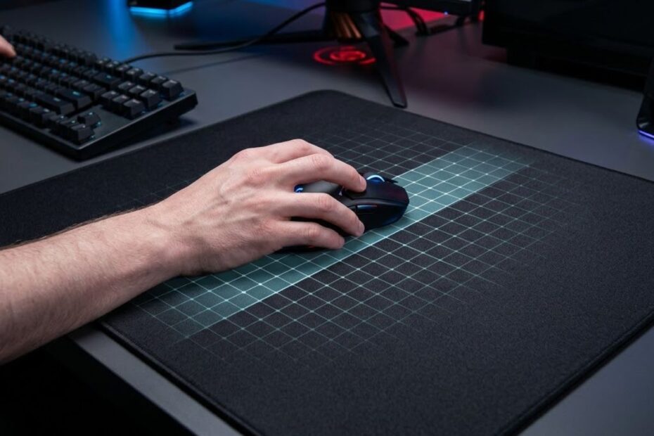 Gaming mouse moving across a large mouse pad with a uniform surface texture on an FPS gaming desk