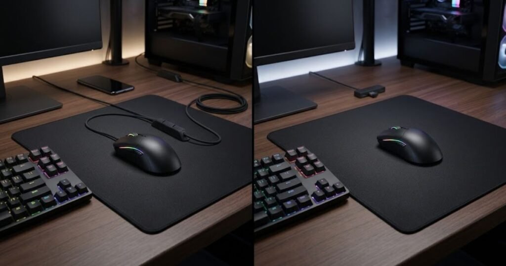 Comparison of a wired gaming mouse setup and a wireless gaming mouse setup on a gaming desk