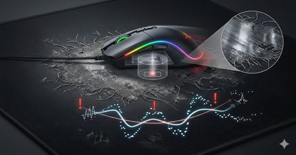 A gaming mouse moving across a worn mouse pad with visible surface wear in the center area.