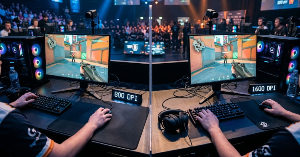 Two FPS gaming mouse setups demonstrating different DPI and sensitivity values that result in similar aiming speed