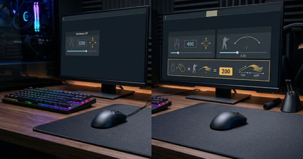 Two FPS gaming setups comparing mouse DPI alone with eDPI as a combined sensitivity measurement.