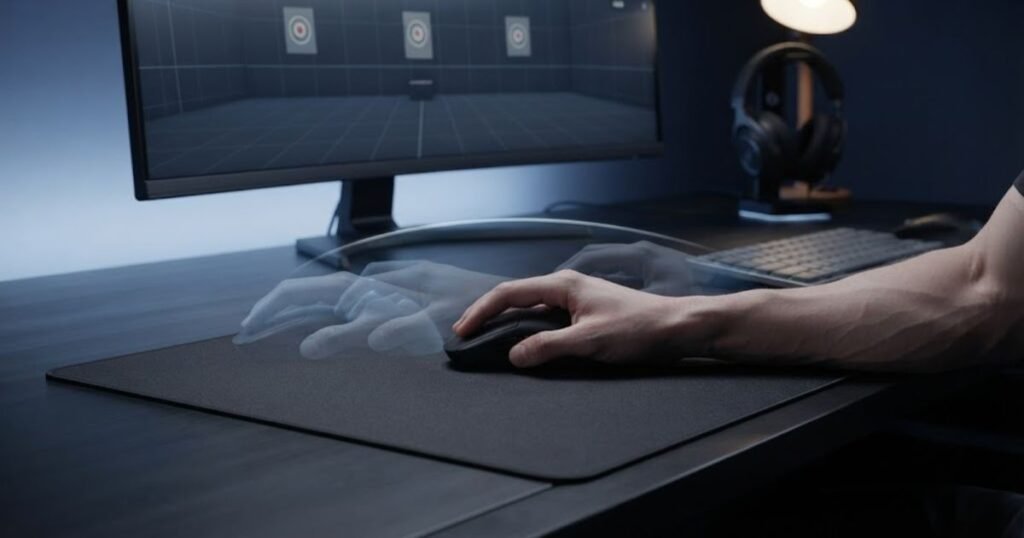 An FPS player practicing with an ultralight gaming mouse during an aim training session.