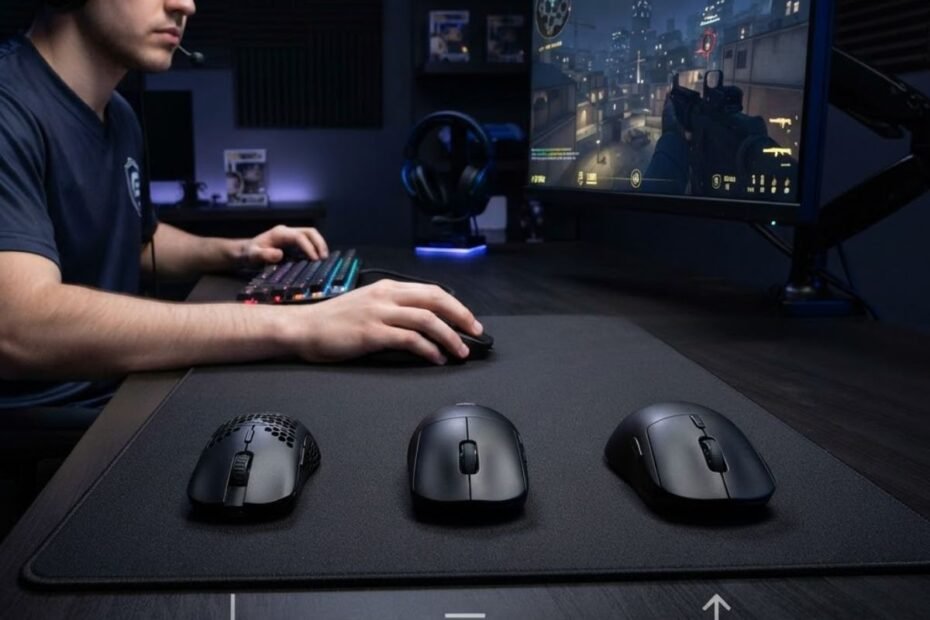 Three gaming mice with different weights placed on a mouse pad while an FPS player chooses the most suitable option for their playstyle.